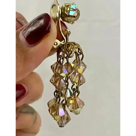 VTG Crystal Chandelier Clip On Earring Brown Iridescent Beaded Dangle 2" Long - Picture 14 of 16